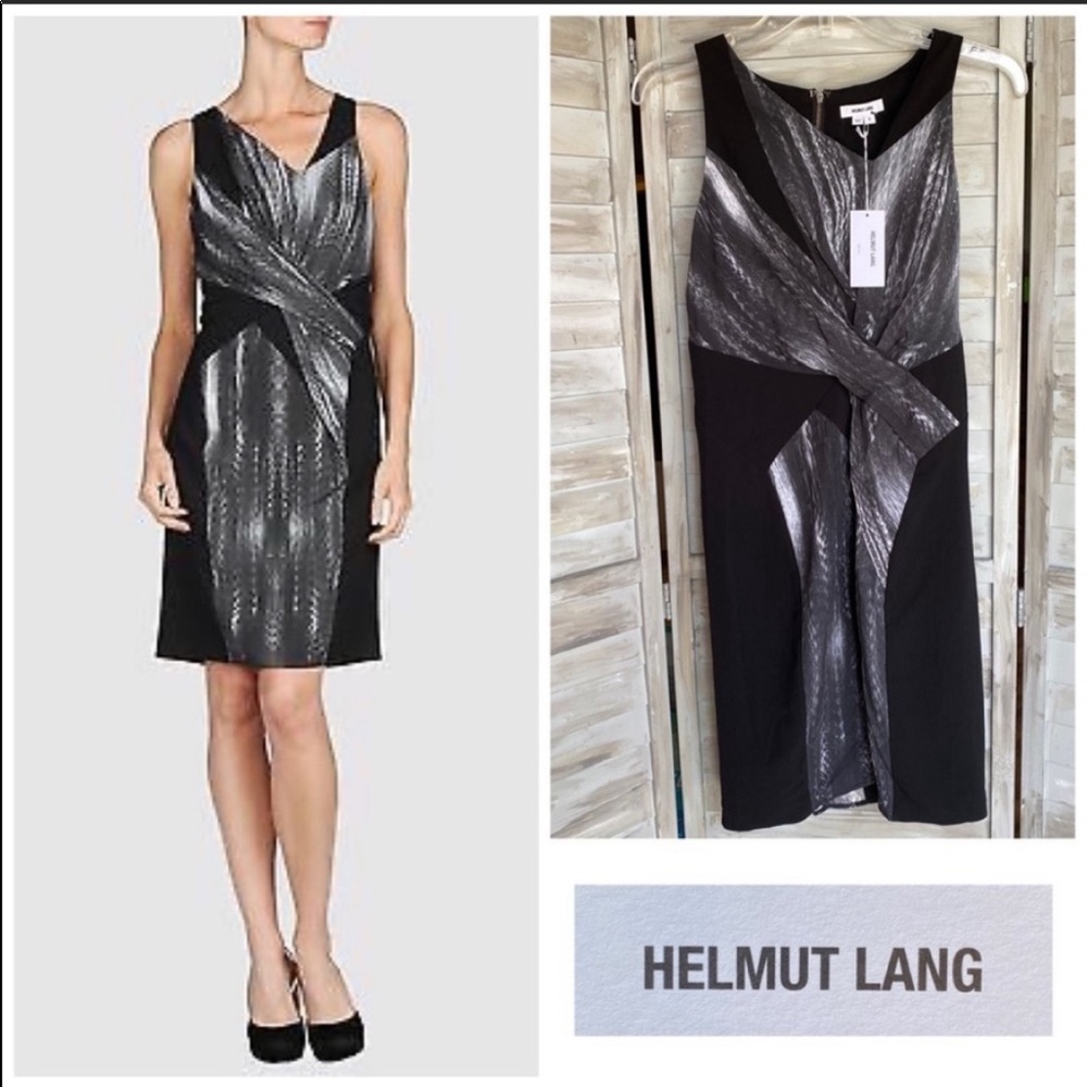 Helmut Lang Vertebrae Dress Silk Crossover Twist NEW size 0 black gray white